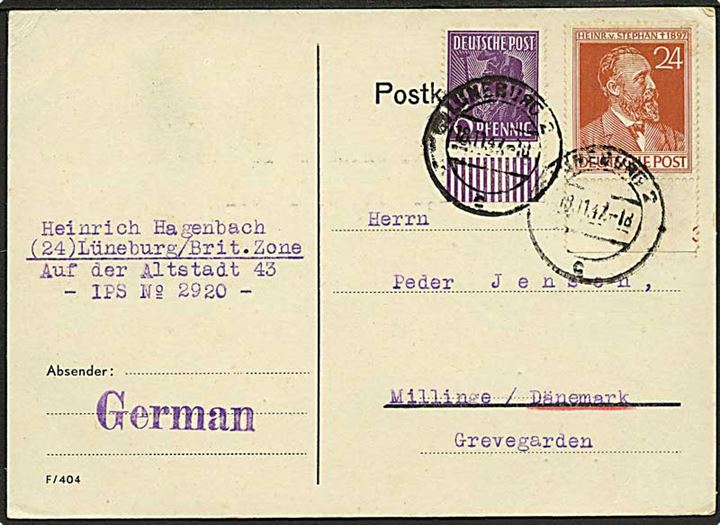24 pfg. og 6 pfg. på brevkort fra Lüneburg d. 18.11.1947 til Millinge, Danmark.