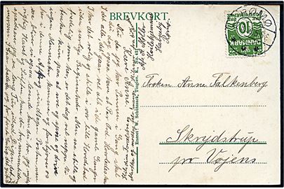 10 øre Bølgelinie på brevkort (Kirkeby, Rømø) annulleret med brotype IIb Rømø d. 22.8.1928 til Skrydstrup pr. Vojens.