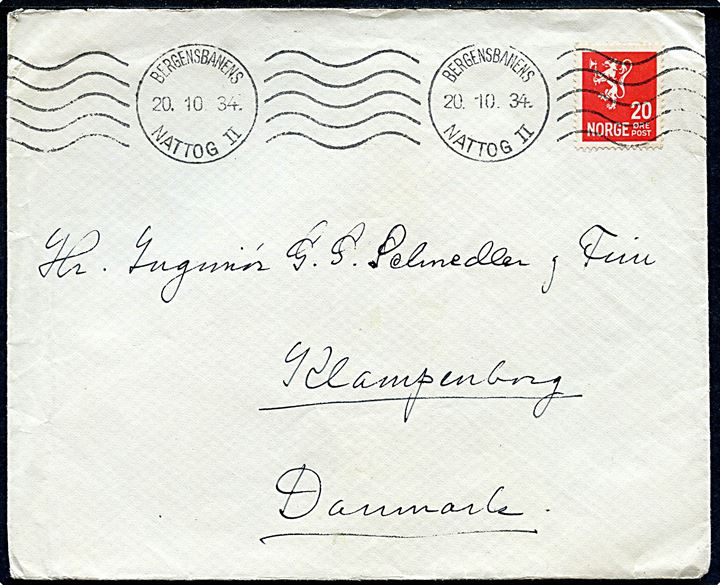 20 øre Løve på brev annulleret med bureaustempel Bergensbanens Nattog II d. 20.10.1934 til Klampenborg, Danmark.