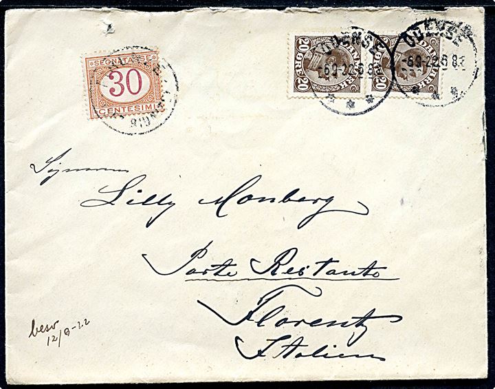 20 øre Chr. X i parstykke på brev fra Odense d. 6.9.1922 til poste restante i Florenze, Italien. Påsat italiensk 30 c. Portomærke.