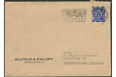 50 pfg. overtryk udg. på brev fra Nürnberg 1948 til Charlottenlund, Danmark.
