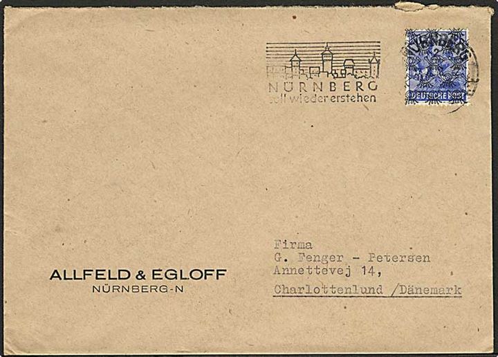 50 pfg. overtryk udg. på brev fra Nürnberg 1948 til Charlottenlund, Danmark.