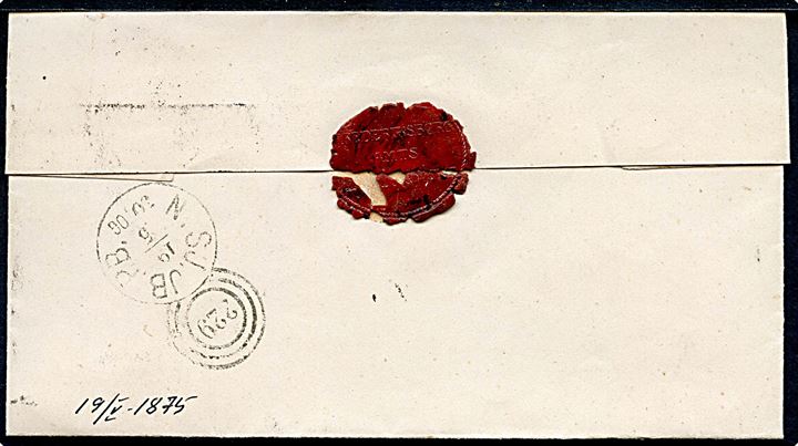 8 øre Tofarvet på brev annulleret med nr.stempel 20 og sidestemplet antiqua Frederikssund d. 19.5.1875 via bureau 229/N.SJ.JB.P.B. til Lillerød.