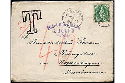 25 c. Stående Helvetia single på underfrankeret brev fra Lugano d. 23.4.1887 til Rungsted, Danmark. Stro T-stempel og udtakseret i 40 øre dansk porto.