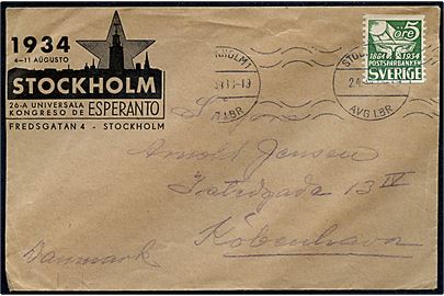 5 öre Postsparbanken på illustreret kuvert Stockholm Esperanto kongres 1934 sendt som tryksag fra Stockholm d. 2.4.1934 til København, Danmark.