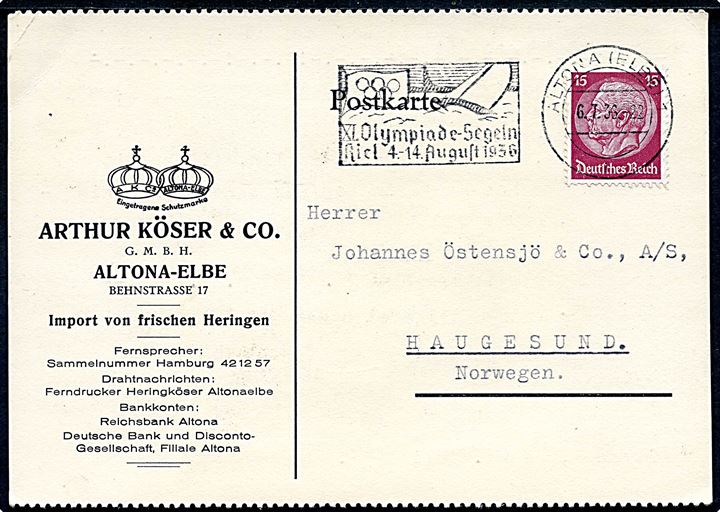15 pfg. Hindenburg på brevkort annulleret med olympiade TMS fra Altona d. 6.7.1936 til Haugesund, Norge.