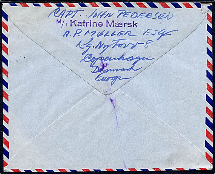 Blandingsfrankeret brasiliansk anbefalet luftpostbrev med Den Norske Sjømannskirke Hong Kong Julen 1955 etiket fra kaptajn ombord på M/T Katrine Mærsk i Sao Paulo til Bagsværd, Danmark.