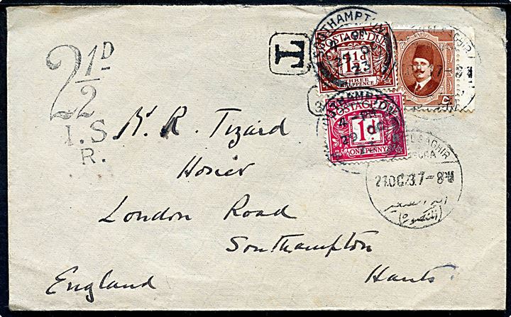 5 mills på underfrankeret brev fra Bahr el Saghir Mansura d. 24.10.1923 via Alexandria til Southampton, England. Udtakseret i porto med 1d og 1½d Portomærke stemplet Southampton d. 29.10.1923.