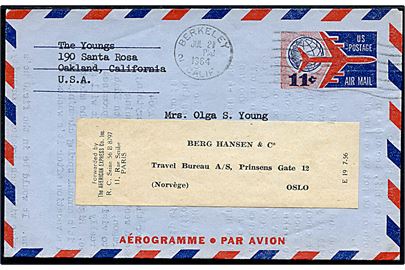 11 cents helsags aerogram fra Berkeley d. 21.7.1964 til turist c/o American Express i Paris, Frankrig. Eftersendt til Oslo, Norge.