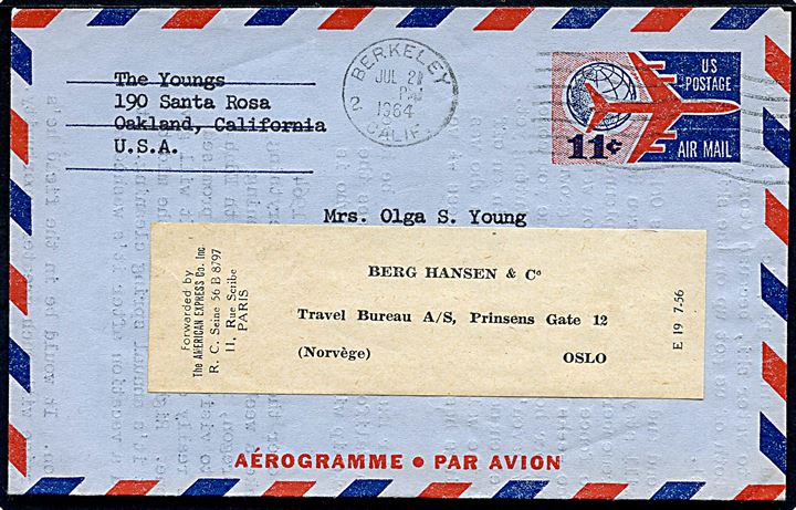 11 cents helsags aerogram fra Berkeley d. 21.7.1964 til turist c/o American Express i Paris, Frankrig. Eftersendt til Oslo, Norge.