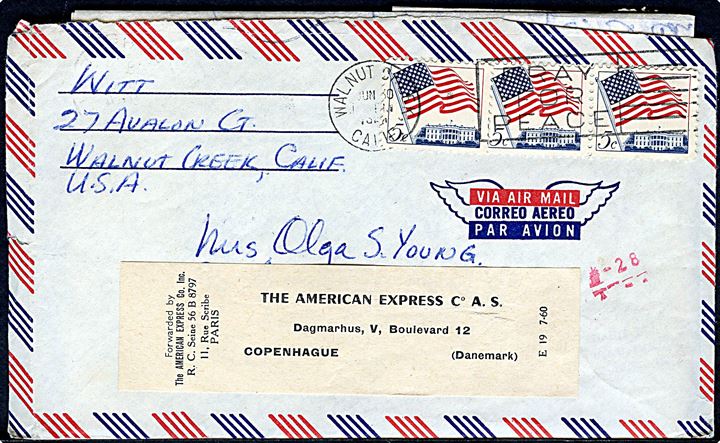 5 c. Flag (3) på luftpostbrev fra Walnut Creek d. 30.7.1964 til turist c/o American Express i Paris, Frankrig - eftersendt til American Express i København.