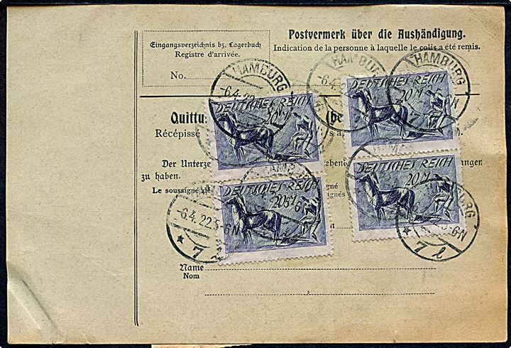 2,50 mk. og 20 mk. (4) på for- og bagside af adressekort for pakke fra Hamburg d. 6.4.1922 via Fredericia til Odder, Danmark.