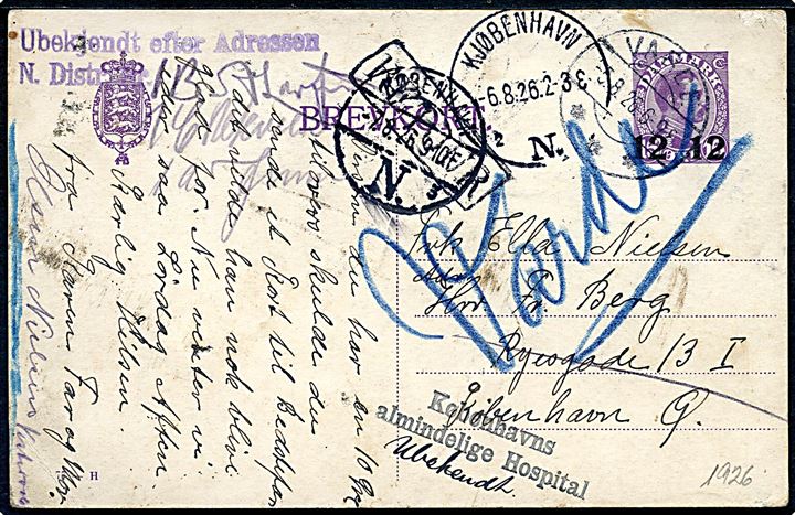 12/15 øre provisorisk helsagsbrevkort (fabr. 77-H) fra Varde d. 5.8.1926 til København. Ubekendt og retur med flere stempler.