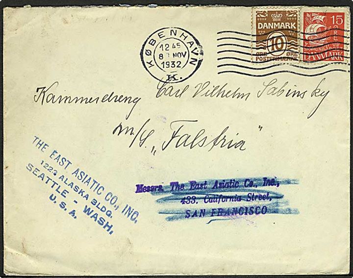 10 øre Bølgelinie og 15 øre Karavel på brev fra København d. 8.6.1933 til sømand ombord på ØK-skibet Falstria via rederi i København til San Francisco, USA - eftersendt til Seattle.