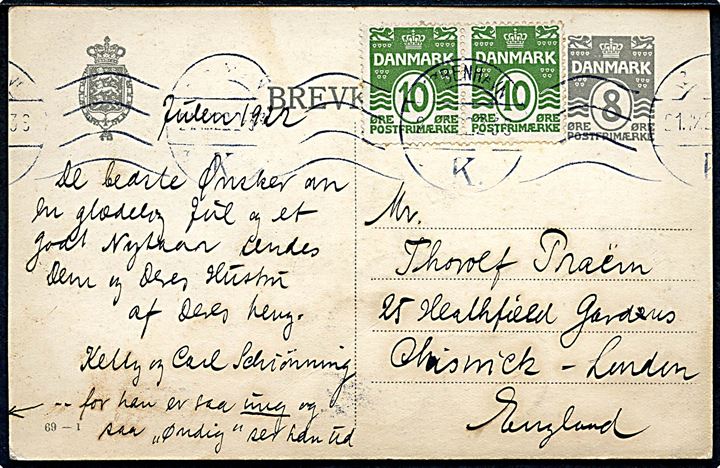 8 øre helsagsbrevkort (fabr. 69-I) opfrankeret med 10 øre Bølgelinie (par) fra København d. 21.12.1922 til London, England. På bagsiden håndtegning signeret CS -22 (= Carl Schöining 1922).
