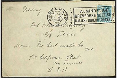 25 øre Karavel på brev fra København d. 23.2.1933 til sømand ombord på ØK-skibet Falstria i San Francisco, USA.