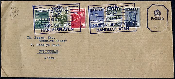 London udg. på aflang kuvert annulleret Norsk Skipspost Handelsflåten 1 d. 12.2.1943 til Twickenham, England. Passér stemplet ved den britiske censur. Stempel no. 1 blev benyttet ombord på S/S Lysaker IV.
