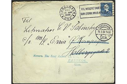 30 øre H.C.Andersen på brev fra København d. 18.3.1936 til sømand ombord på ØK-skibet Erria via rederi i København - eftersendt til Bangkok, Thailand.