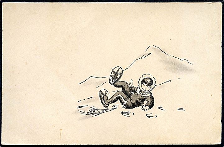 Grønland. Tegnet kort af Sigrid Bech-Knudsen. Lille Eskimodreng der er væltet på sine snesko. U/no.