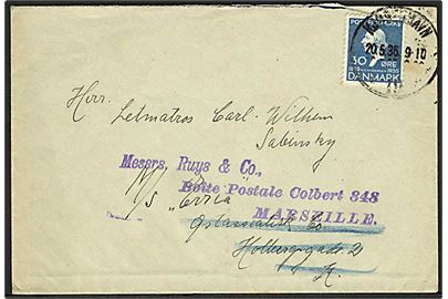 30 øre H.C.Andersen på brev fra København d. 20.5.1936 til sømand ombord på ØK-skibet Erria via rederi i København - eftersendt til Marseille, Frankrig.