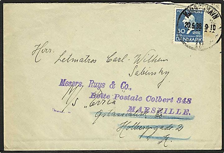 30 øre H.C.Andersen på brev fra København d. 20.5.1936 til sømand ombord på ØK-skibet Erria via rederi i København - eftersendt til Marseille, Frankrig.
