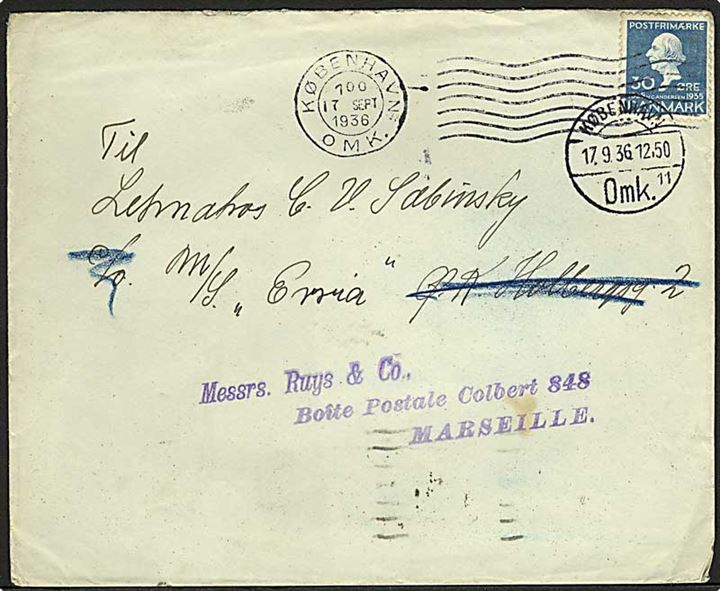 30 øre H.C.Andersen på brev fra København d. 17.9.1936 til sømand ombord på ØK-skibet Erria via rederi i København - eftersendt til Marseille, Frankrig.
