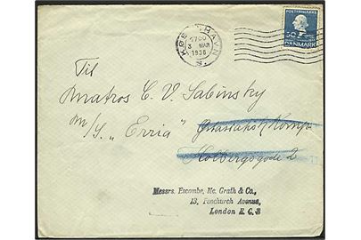30 øre H.C.Andersen på brev fra København d. 3.3.1938 til sømand ombord på ØK-skibet Erria via rederi i København - eftersendt til London, England.