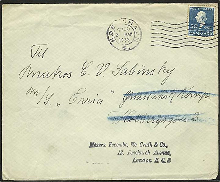 30 øre H.C.Andersen på brev fra København d. 3.3.1938 til sømand ombord på ØK-skibet Erria via rederi i København - eftersendt til London, England.