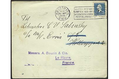 30 øre H.C.Andersen på brev fra København d. 30.9.1936 til sømand ombord på ØK-skibet Erria via rederi i København - eftersendt til Le Havre, Frankrig.
