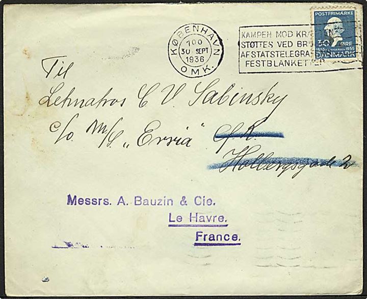 30 øre H.C.Andersen på brev fra København d. 30.9.1936 til sømand ombord på ØK-skibet Erria via rederi i København - eftersendt til Le Havre, Frankrig.