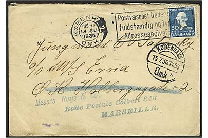 30 øre H.C.Andersen på brev fra København d. 14.7.1936 til sømand ombord på ØK-skibet Erria via rederi i København - eftersendt til Marseille, Frankrig.