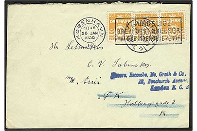 10 øre Bølgelinie (3) på brev fra København d. 28.1.1936 til sømand ombord på ØK-skibet Erria via rederi i København - eftersendt til London, England.