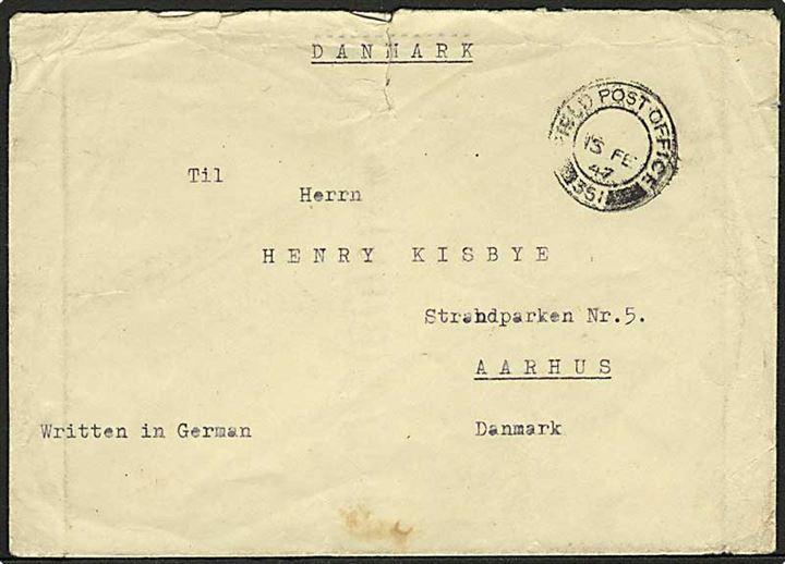 Britisk feltpostbrev stemplet Field Post Office 351 (= Lübeck) fra polsk soldat i Polish Guard B.A.O.R. til Aarhus, Danmark. 