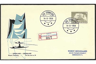 5 kr. Ishavsskib single på anbefalet FDC fra Sdr. Strømfjord d. 14.8.1958 til København.
