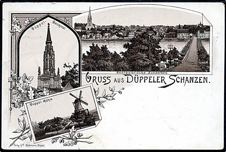 Dybbøl/Sønderborg. Grüss aus Düppeler Schanzen med små motiver. H.F. Kaatmann u/no. Dette kort er ubrugt. Tilsvarende kendes brugt i 1891.