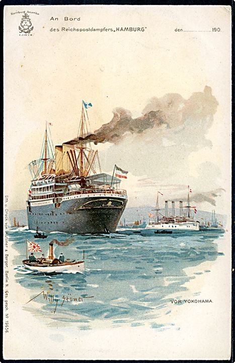 Hamburg, S/S, postdamper i Yokohama. Tegnet af Willy Stöwer. 
