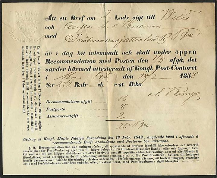 Kvittering for afsendelse af recommanderet brev på 2 lod med 272 Rigsdaler fra Wexiö d. 28.2.1858.