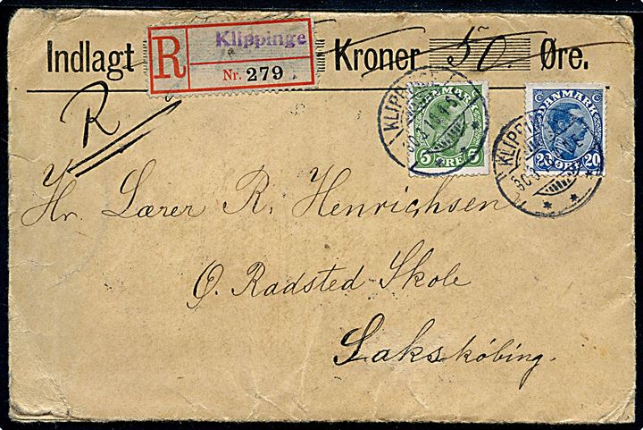 5 øre og 20 øre Chr. X på anbefalet brev fra Klippinge d. 30.3.1916 via Kjøge til Ø. Radsted Skole pr. Saxkjøbing. Blanco-rec.-etiket med liniestempel Klippinge.