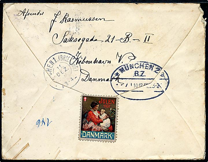50 øre Chr. X på anbefalet brev fra København d. 9.12.1931 til Hauptpostlagernd München, Tyskland. På bagsiden Julemærke 1931.