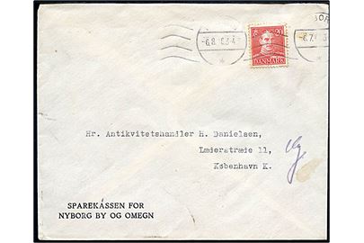 20 øre Chr. X på brev fra Nyborg annulleret med båndmaskinstempel med to forskellige datoindstillinger d. 6.7.1946 og 6.8.1946 til København.