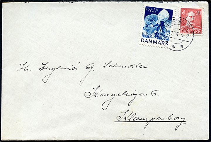 20 øre Chr. X og Julemærke 1943 på brev fra Dronninglund d. 1.1.1944 til Klampenborg.