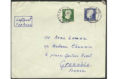 10+10 öre og 30+10 öre Gustaf 90 år på luftpostbrev fra Oskarshamn d. 9.9.1950 til Grenoble, Frankrig.