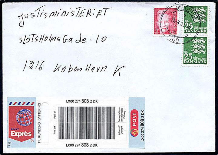 4 kr. Margrethe og 25 kr. Rigsvåben i parstykke på ekspresbrev med J38 Post Exprés stregkodelabel annulleret med brotype VIII Ringsted 6 4100 d. 11.6.2001 til København.
