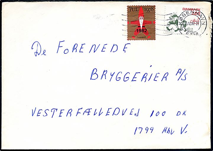 2 kr. Storm P. og 1982/1978 Julemærke provisorium på lokalbrev i København d. 15.12.1982.