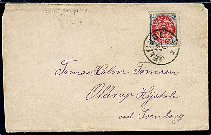8 øre Tofarvet på brev annulleret med lapidar Jellinge d. 29.4.1892 til Ollerup Højskole pr. Svendborg.