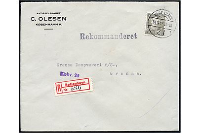 50 øre Chr. X med perfin C.O. på firmakuvert fra A/S C. Olesen sendt anbefalet fra København 23 d. 14.4.1947 til Grenaa. Interessant reserve rec.-etiket København tilføjet stempel fra indleveringskontoret Kbhv. 23.
