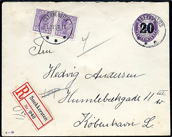 20/15 øre provisorisk helsagskuvert (fabr. S-28) opfrankeret med 15 øre Chr. X i parstykke fra Snekkersten d. 1.7.1921 til København.