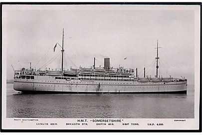 Somersetshire, H.M.T. Troppetransportskib. Rødt posthus franko stempel 1½d Liverpool Paid d. 31.7.1929 til København.