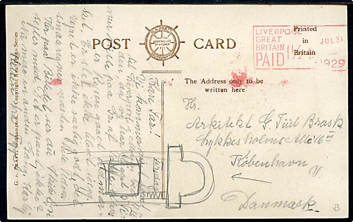 Somersetshire, H.M.T. Troppetransportskib. Rødt posthus franko stempel 1½d Liverpool Paid d. 31.7.1929 til København.