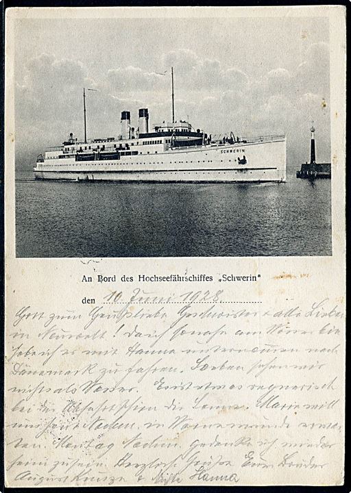 Schwerin, tysk jernbanefærge på ruten Gedser - Warnemünde. Frankeret med dansk 15 øre Karavel stemplet i Gjedser d. 10.6.1928.